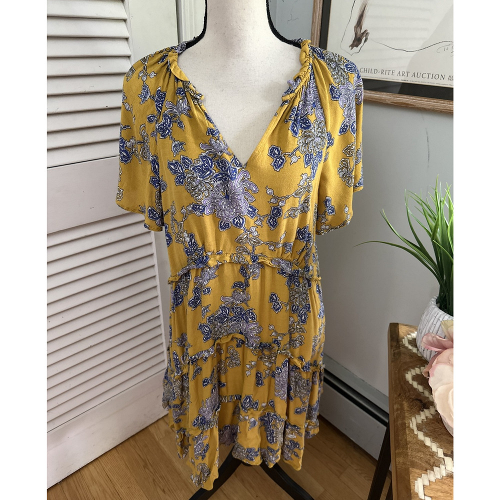ANTHROPOLOGIE Womens Dress Medium Mustard Yellow Robin Tiered Mini Floral Boho